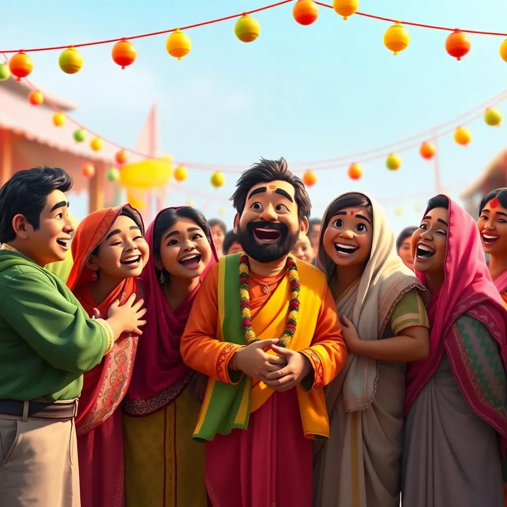 The villagers laughing and celebrating with Samir, colorful decorations around, a festive event full of joy, inviting ambiance, bright colors, happiness and camaraderie, photograph-like quality