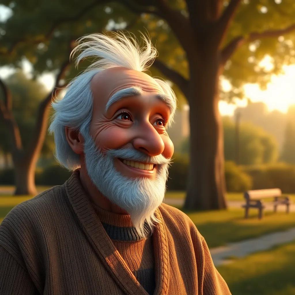 A wise old man smiling at Samir, with a thoughtful expression, in a serene park setting, reflecting on lessons learned, warm light, peaceful scenery, artistic representation
