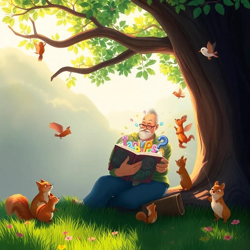Samir sitting under a tree, reading a book full of colorful ideas, with squirrels and birds around him, calm afternoon light, whimsical and dreamy feel, fantasy art, vibrant colors