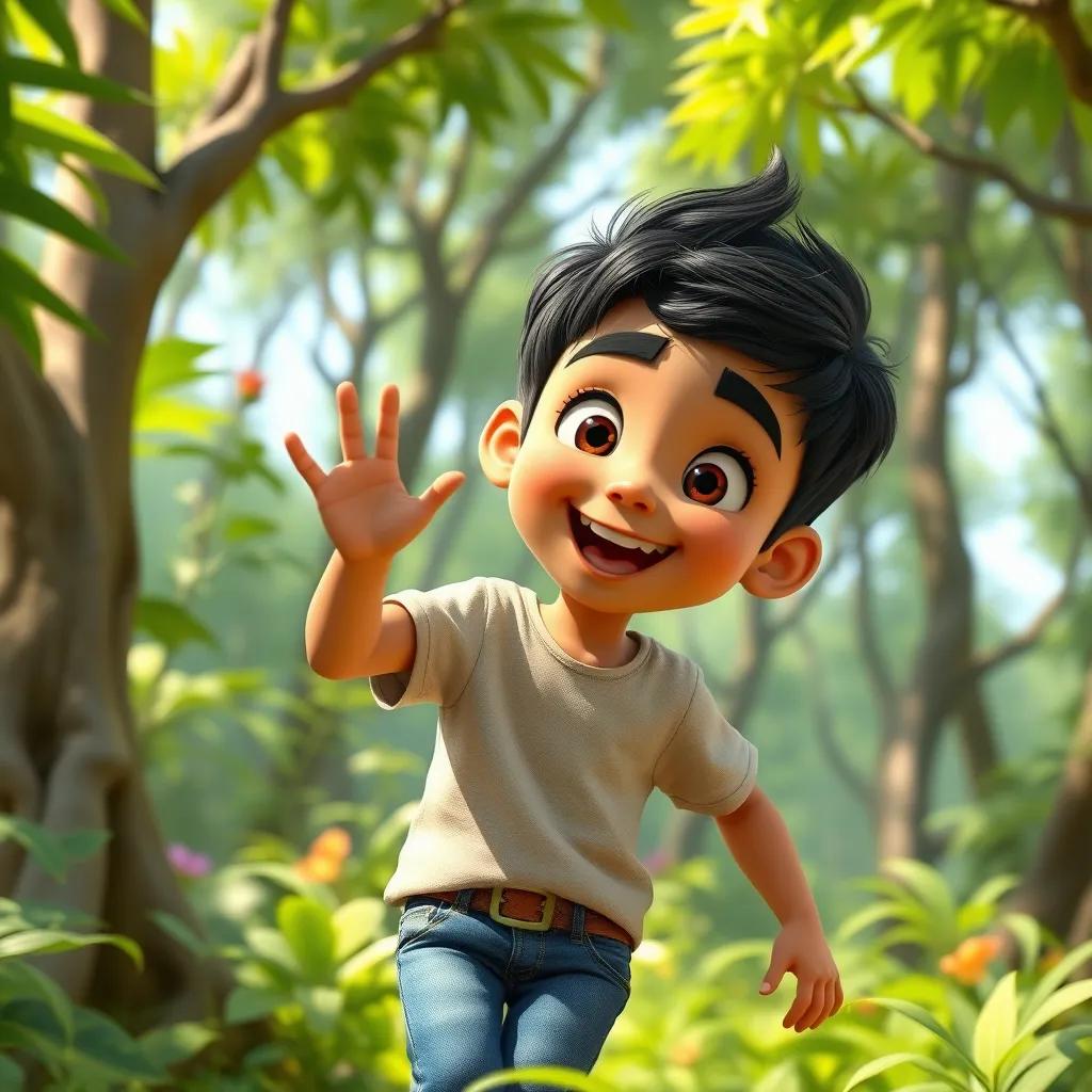 A young Arab boy, Ali, with short black hair, wearing casual jeans and a t-shirt, happily exploring a vibrant green forest, excited expression, digital art, bright colors, cheerful atmosphere, high quality