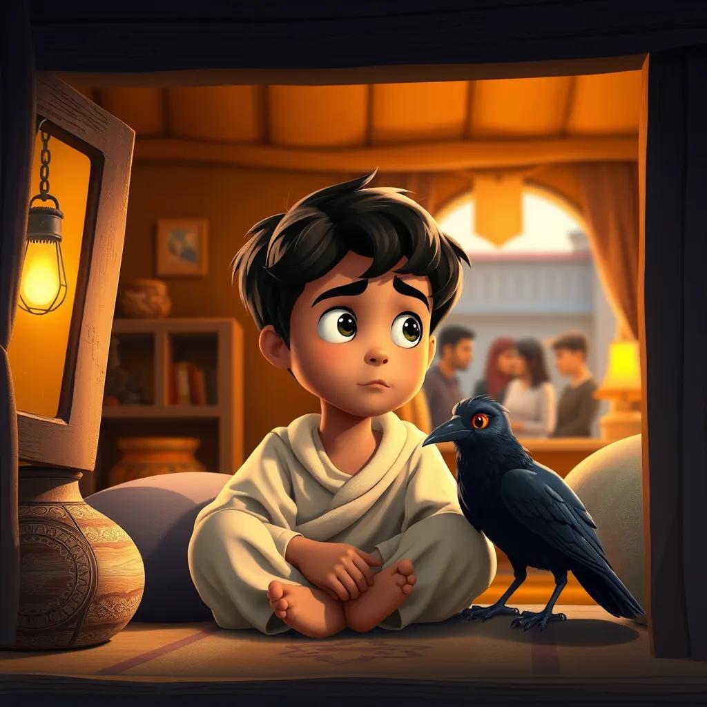 A young Arab boy, Ali, with short black hair, sitting in his cozy house with a black crow next to him, looking puzzled as the neighbors discuss outside, warm lighting, inviting home, storytelling perspective, high quality