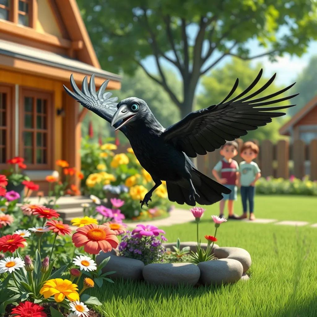 A clever black crow demonstrating its intelligence, flying over a small garden while neighbors look surprised, colorful flowers and green grass, sunny day, engaging scene, high quality