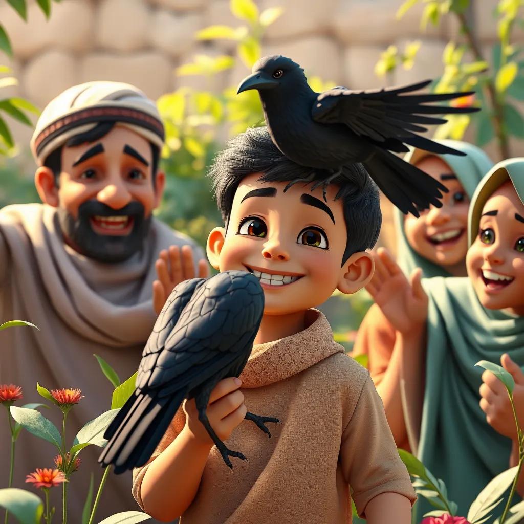 A young Arab boy, Ali, smiling happily with neighbors around, cheering for the black crow in the garden, vibrant community celebration, joyful mood, high quality