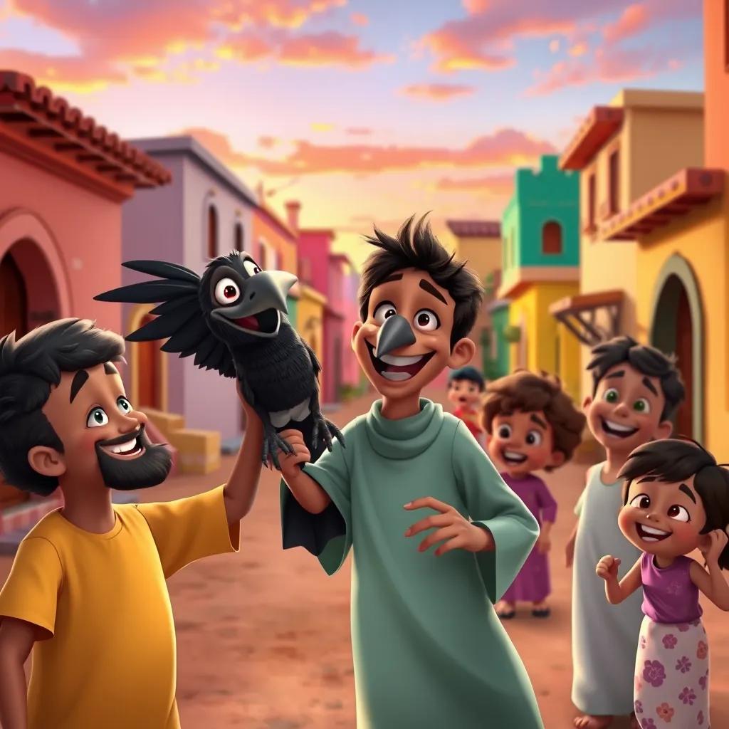 A joyful Arab neighborhood scene with Ali and the clever black crow, children laughing and playing, colorful houses in background, sunset sky, cheerful and lively atmosphere, high quality