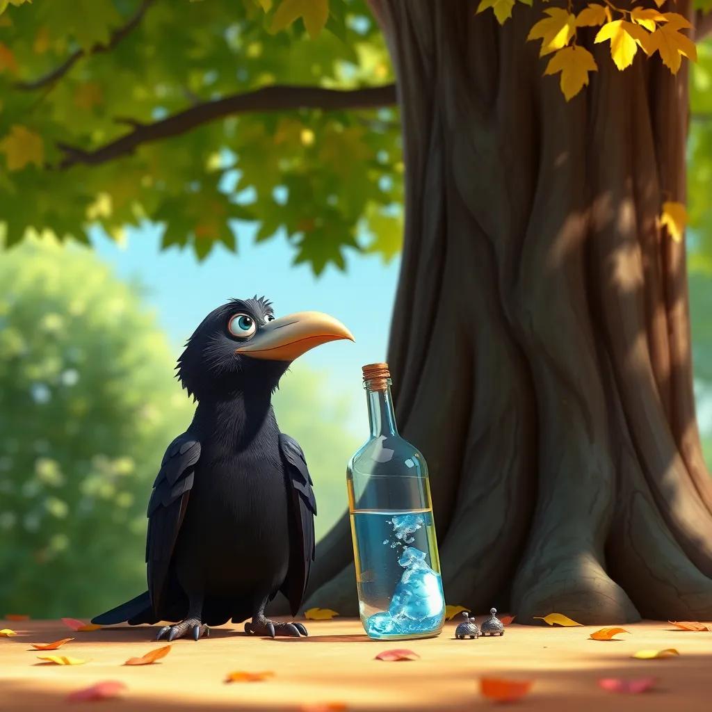 A clever crow sitting next to a big tree, looking at a bottle with water in it, thoughtful expression, bright sunny day, colorful leaves, digital art, cheerful atmosphere, high quality