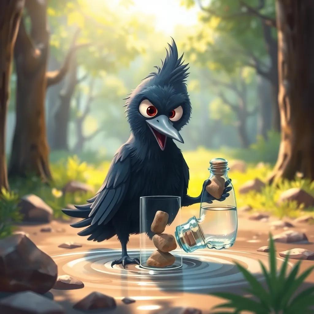 A clever crow throwing small stones into a bottle to raise the water level, determination in its eyes, surrounded by nature, sunlight shining through the trees, vibrant colors, illustration, engaging scene, child-friendly