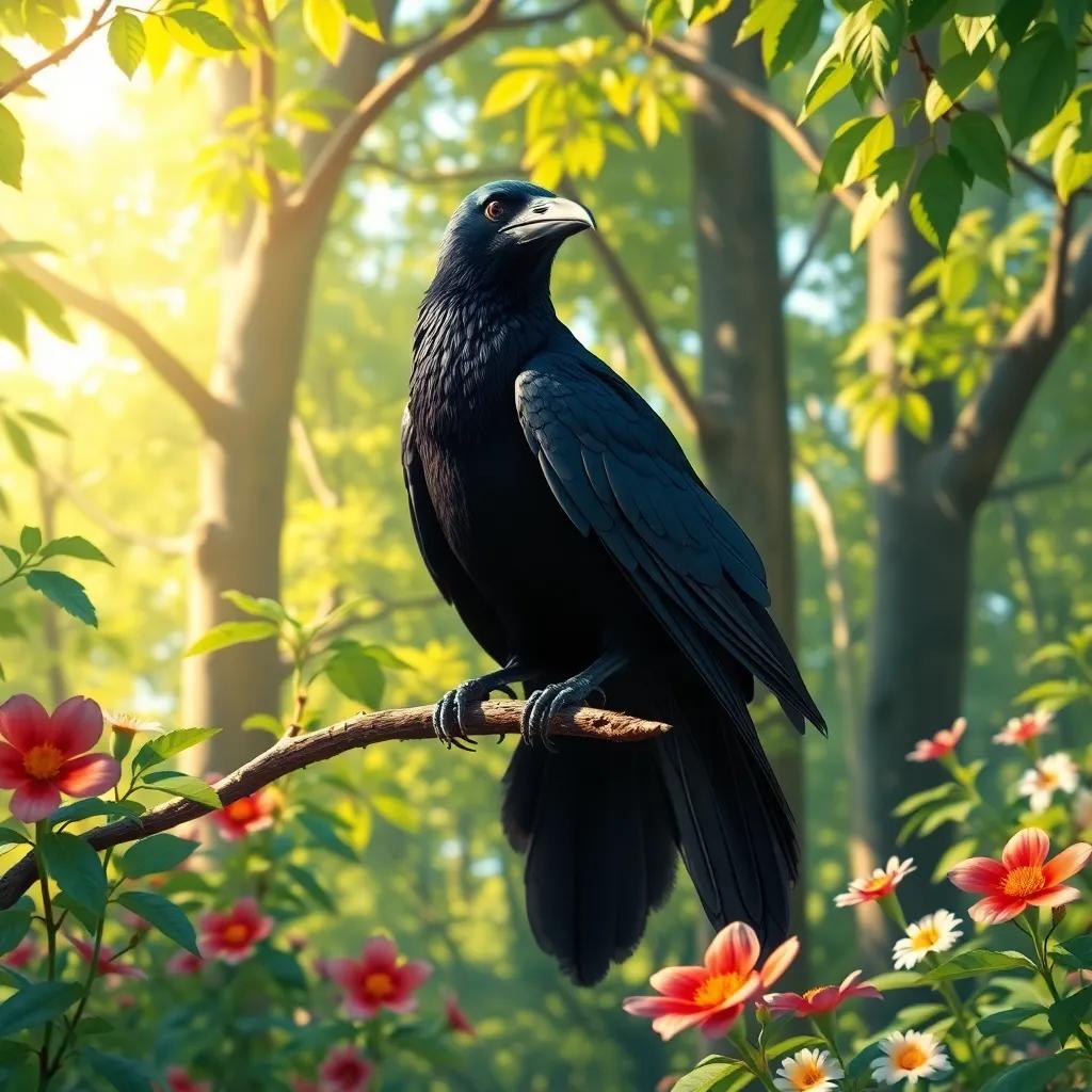A beautiful black crow sitting on a high branch in a sunny forest, surrounded by green leaves and colorful flowers, digital art, vibrant colors, cheerful atmosphere, high quality
