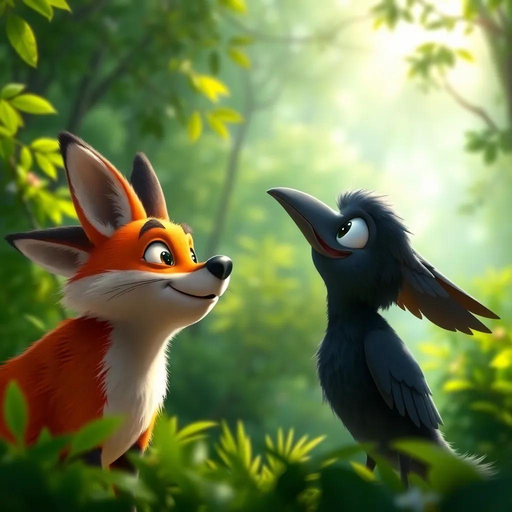 A cunning fox looking up at the crow, smiling with a sly expression, in a lush green forest, full of light and shadows, vivid colors, playful scene, high quality