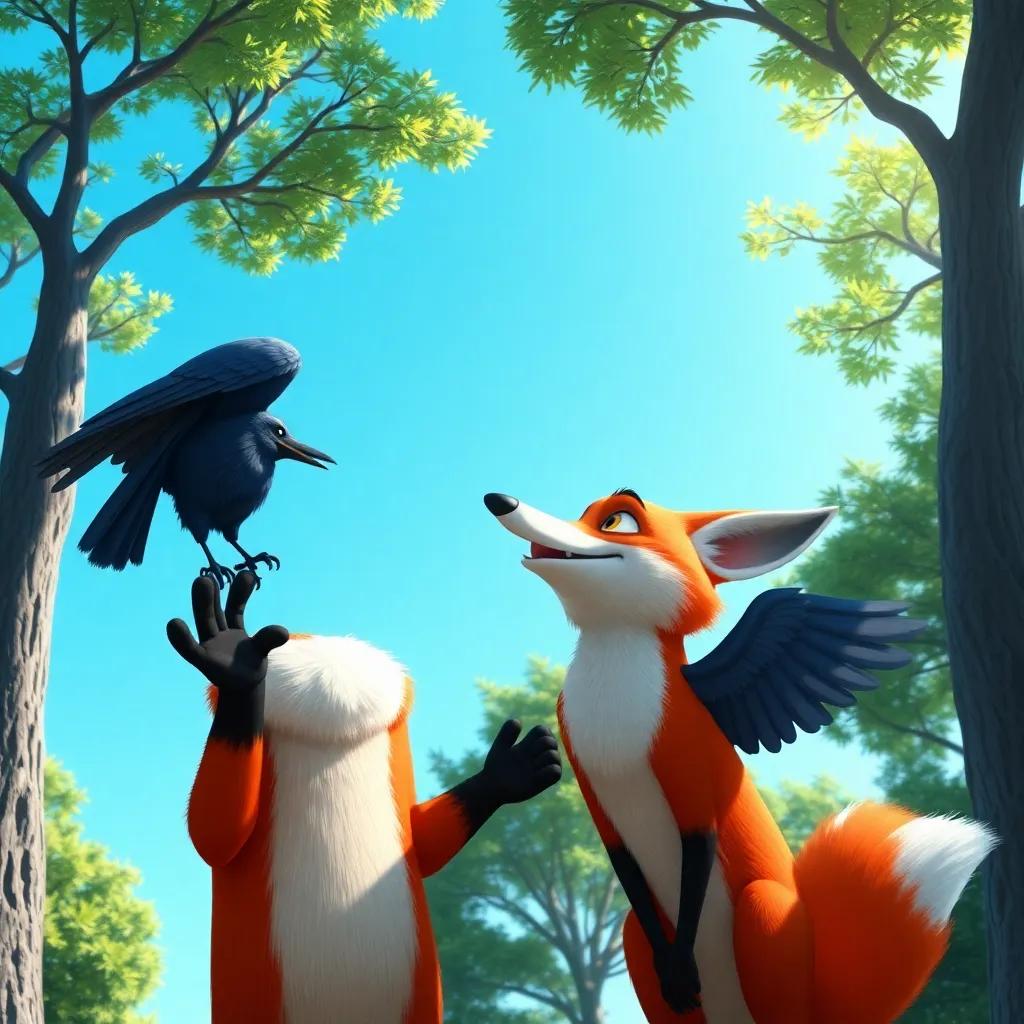 The fox talking to the crow, gesturing with his paw in an inviting manner, under a bright blue sky, with trees around, bright and cheerful colors, high quality