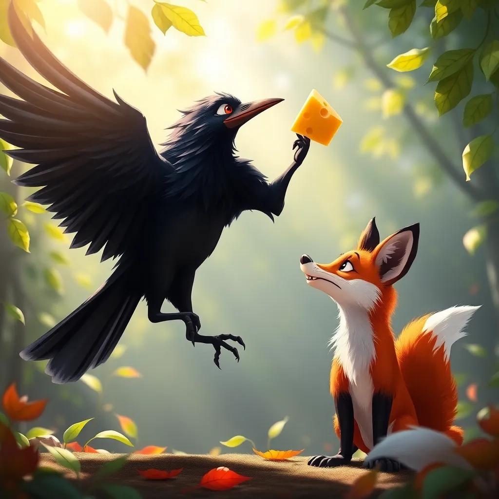 The crow flapping his wings, raising a piece of cheese high in the air, looking down at the sly fox, surrounded by sunlight and leaves, dynamic pose, colorful, high quality