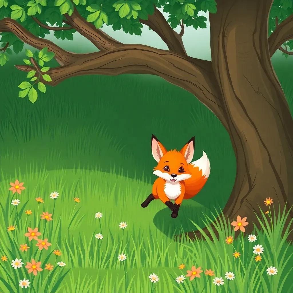 The fox moving around under the tree, looking eager and playful, with green grass and wildflowers all around, cute and vibrant illustration, high quality