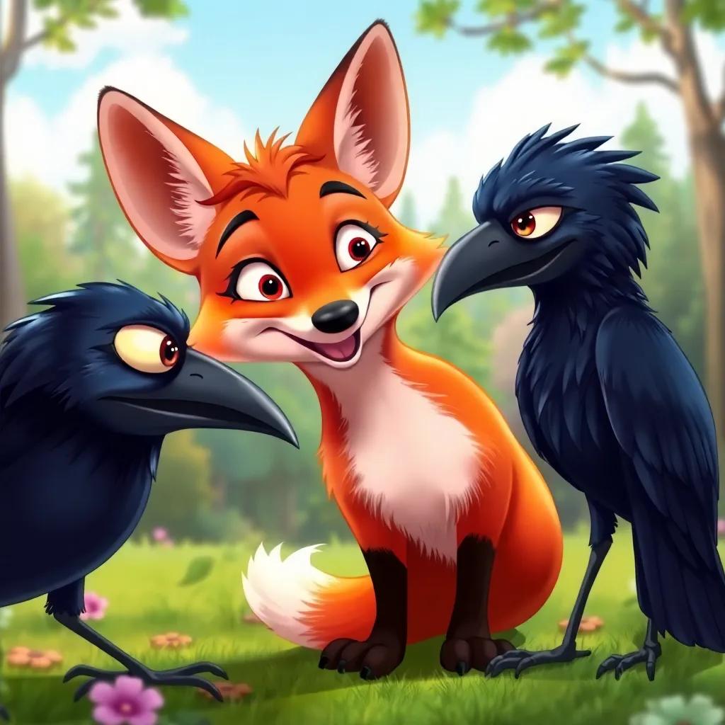 The fox flattering the crow, with eyes sparkling and a charming smile, idyllic forest background, bright colors, cheerful expression, high quality