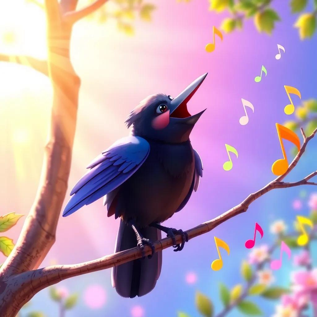 The crow singing sweetly from the branch, with a burst of colorful music notes around, under the sunshine, whimsical atmosphere, vibrant hues, high quality