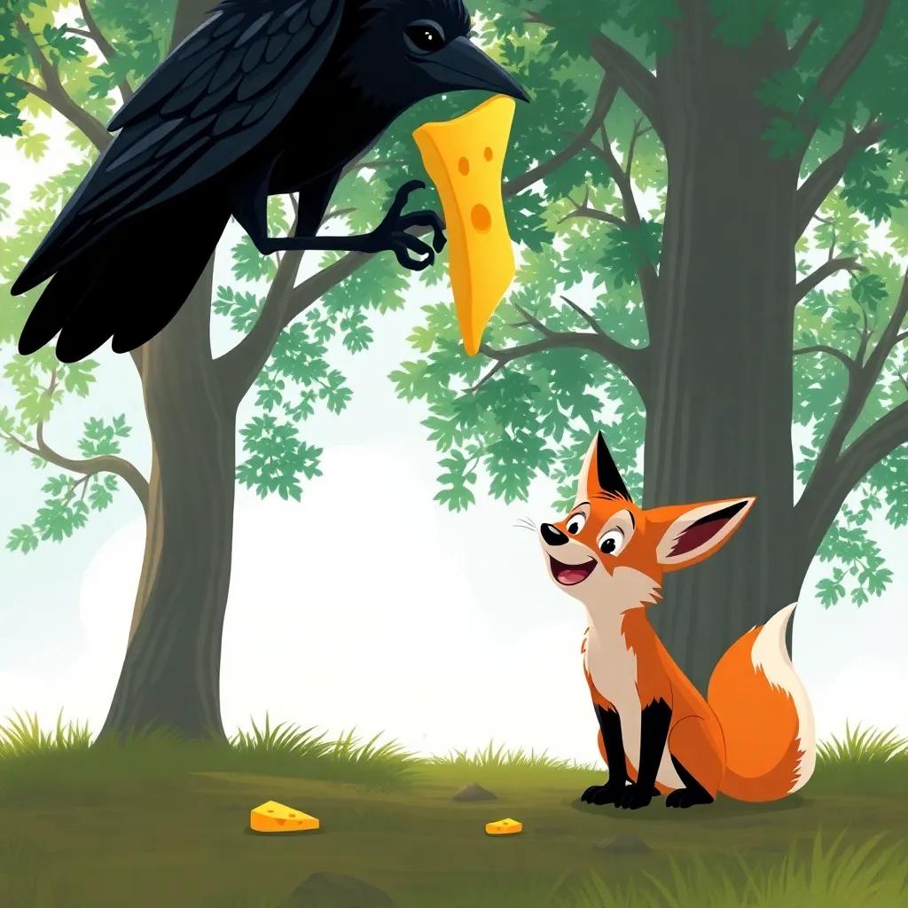 A piece of cheese falling from the crow's claws, with the still-ducking fox looking delighted, trees swaying in the gentle breeze, illustrative and clear, high quality