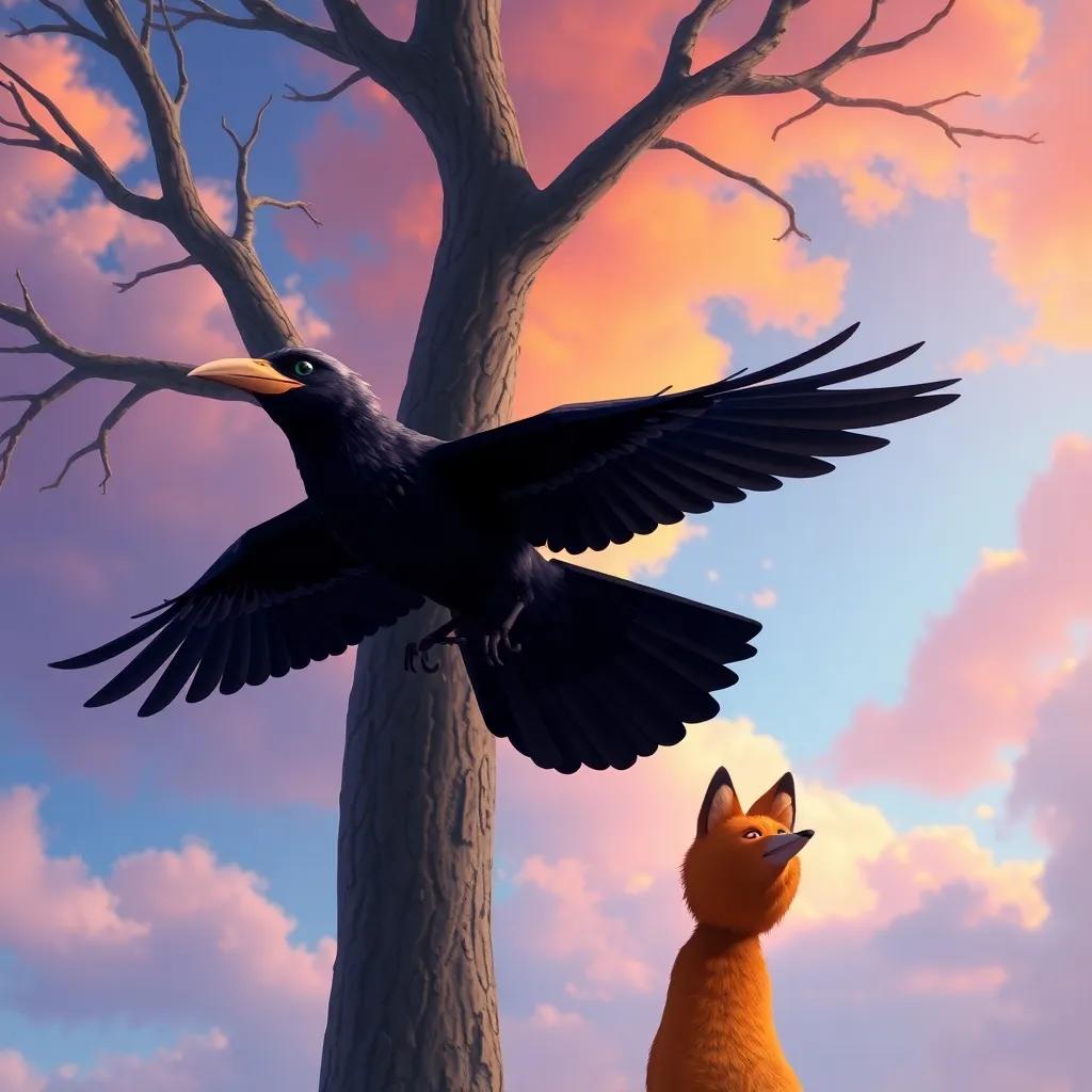 The wise crow flying away from the tree, looking back at the fox with a knowing expression, colorful sky in the background, vibrant colors, symbolic scene, high quality