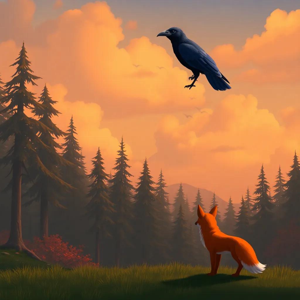 The crow sitting high in the sky, keeping watch over the forest, with the fox walking away disappointed, warm colors, serene and reflective mood, high quality