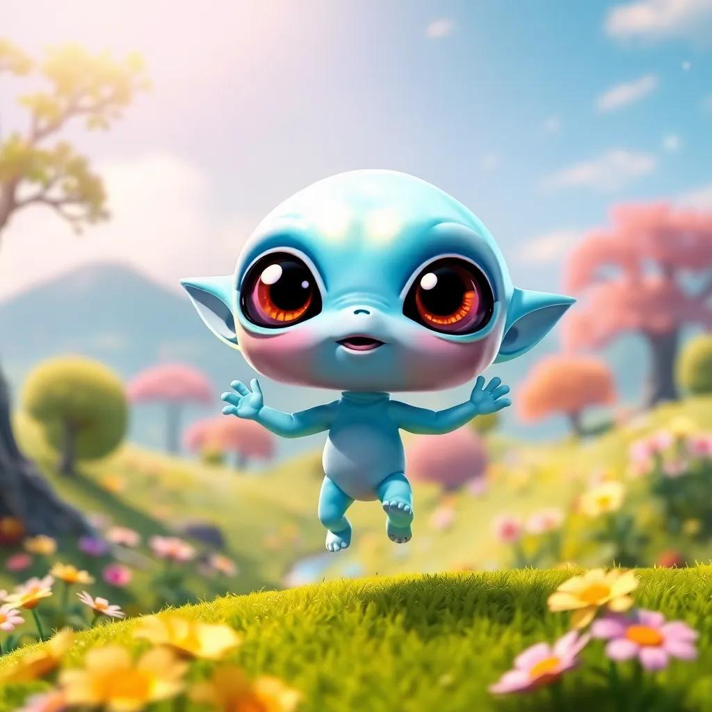 A small alien with blue skin and large curious eyes arriving on Earth, colorful and bright landscape with flowers and trees, cheerful atmosphere, digital art, high quality