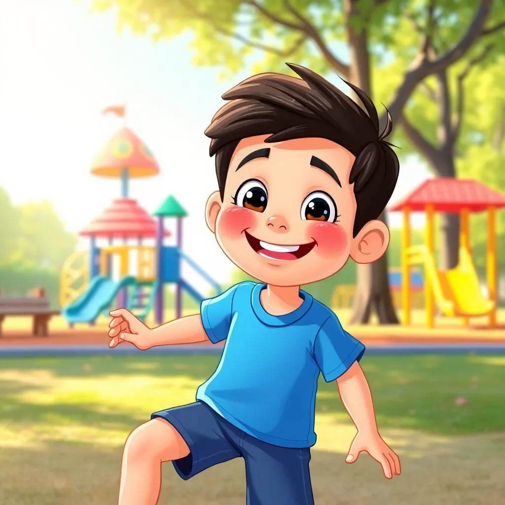 A happy boy named Sami playing in the park, with a friendly smile, wearing a blue t-shirt and shorts, colorful playground in background, sunny day, vibrant colors, illustration, child-friendly