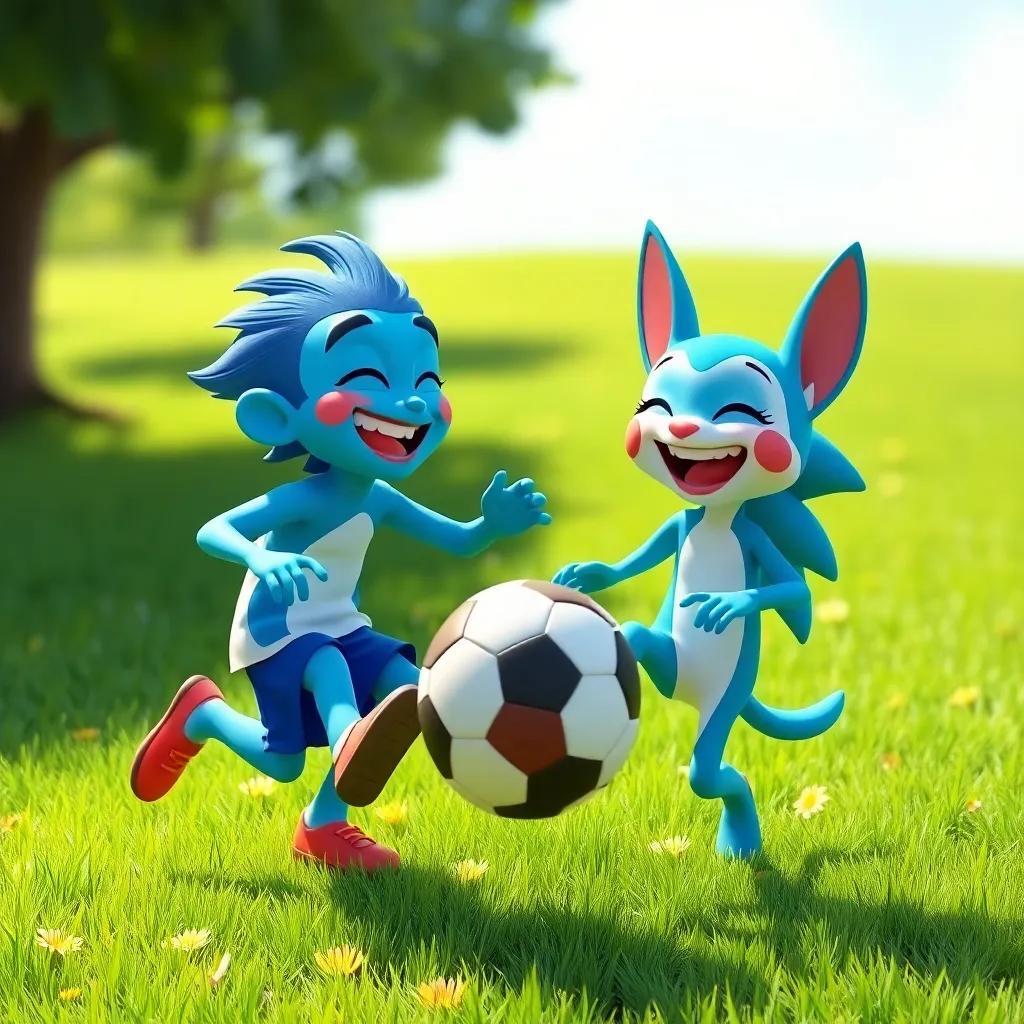 Zoom and Sami playing soccer together, both laughing and having fun, green grass around them, sunny weather, joyful moment, digital art, highly detailed