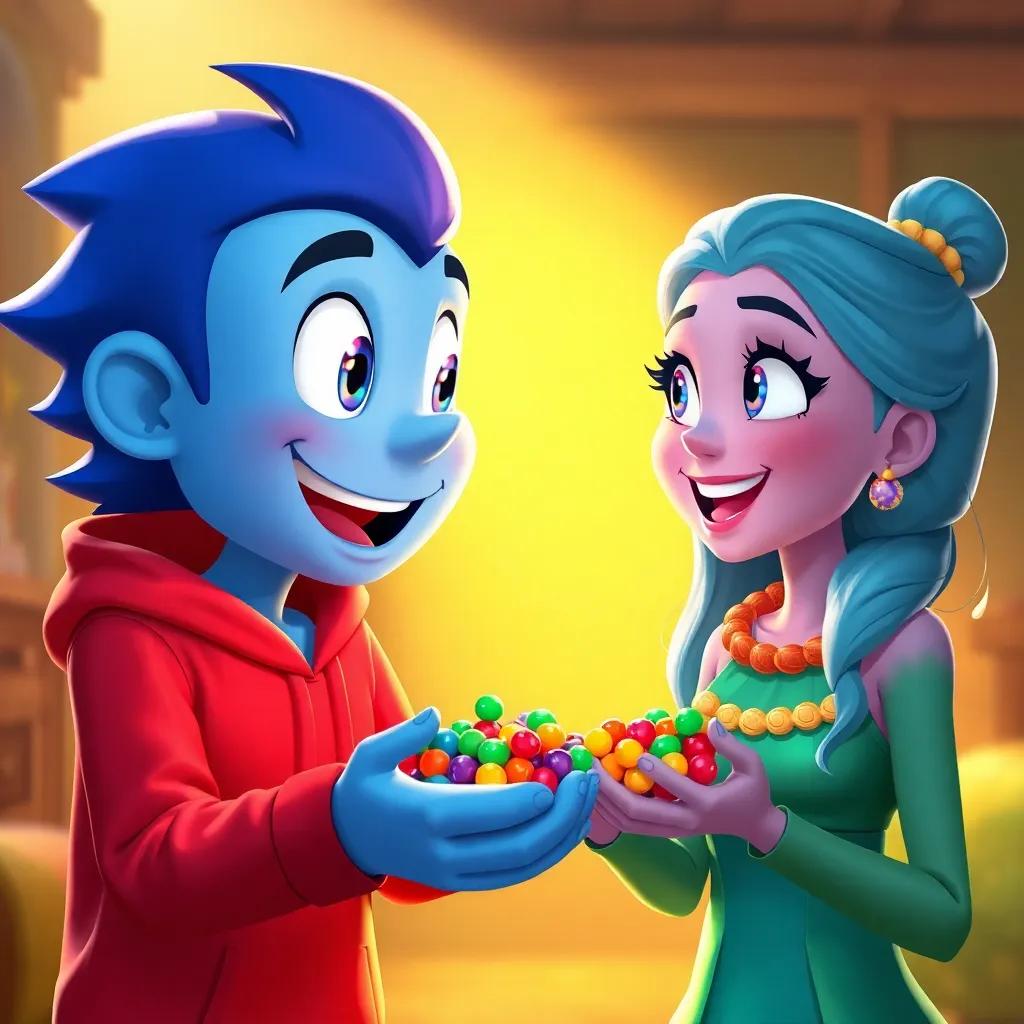 Zoom sharing colorful candies from his home planet with Sami, both looking excited, colorful sweets in their hands, warm light, joyful scene, child-friendly