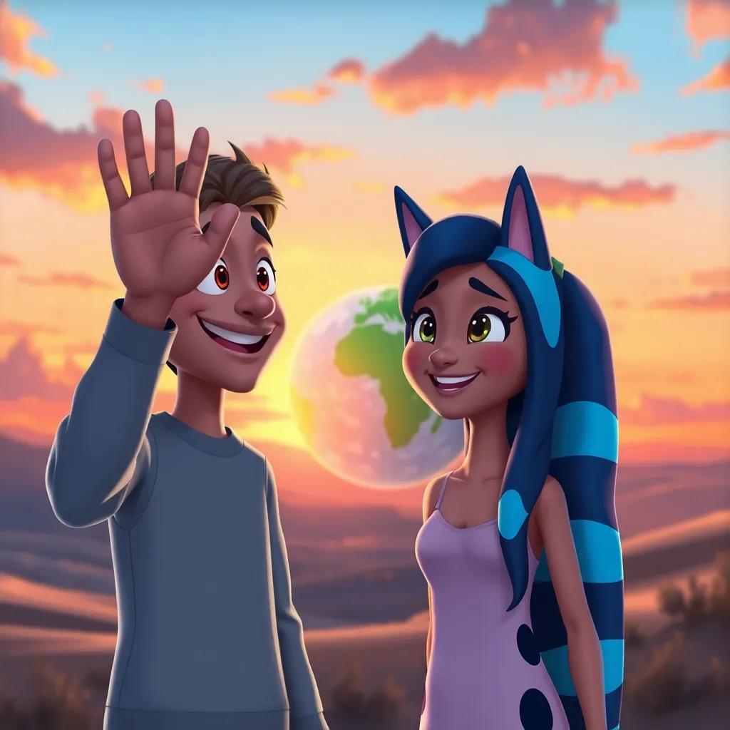 Zoom waving goodbye to Sami, with the Earth behind them, colorful sky at sunset, both smiling, feeling happy about their friendship, digital painting, heartwarming scene.