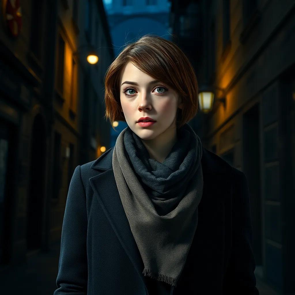 A young woman, Sara, with short brown hair, wearing a stylish black coat with a scarf, walking in a dark alley with old buildings, city ambiance, mysterious atmosphere, nighttime, digital art, stark shadows, sense of unease, highly detailed