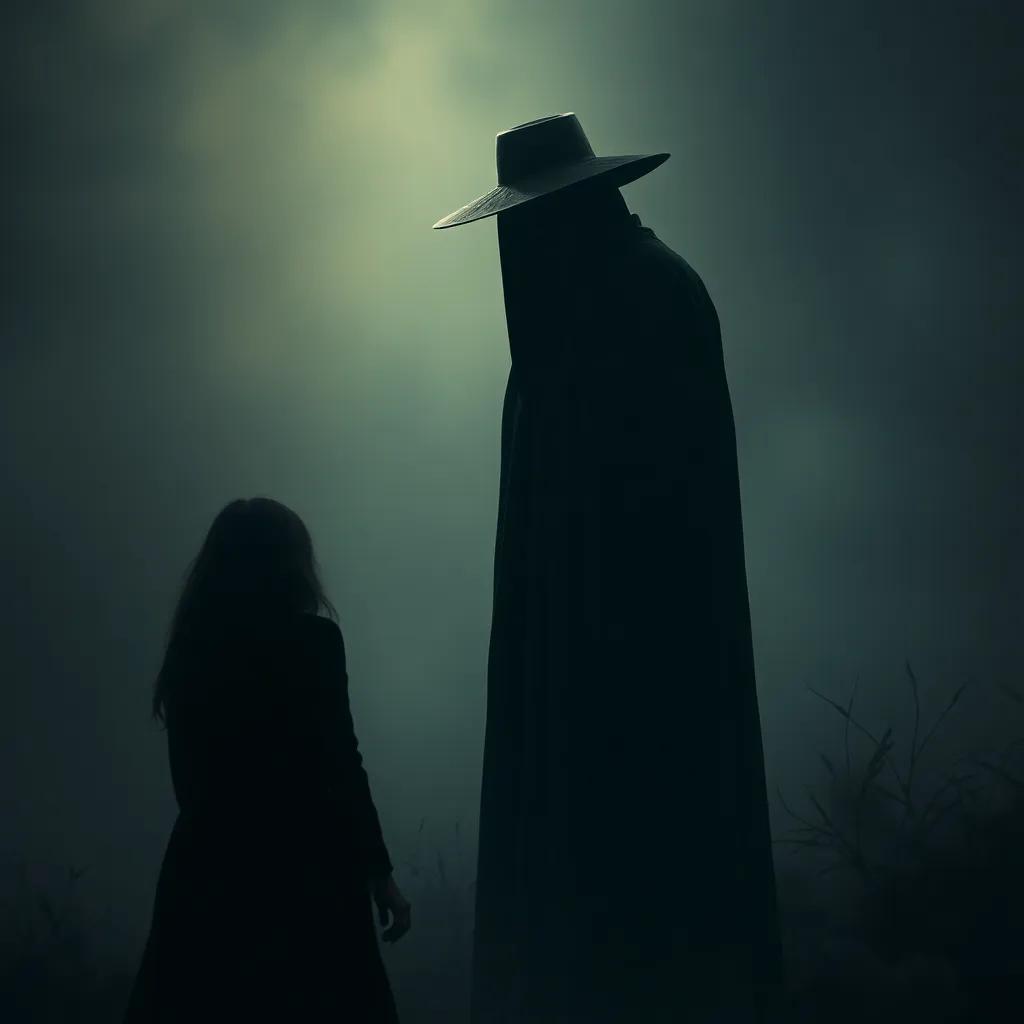 A shadowy figure, tall and cloaked in black, with a hidden face under a wide-brimmed hat, standing silently, watching Sara from a distance, eerie surroundings, focused lighting, suspenseful mood, digital painting, high quality