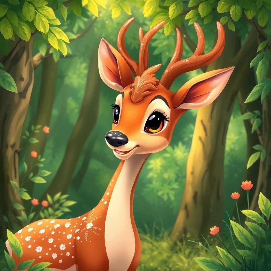 A beautiful deer in a lush green forest, with shiny fur and sparkling eyes, joyful environment, detailed digital art, warm colors, bright and lively atmosphere, high quality