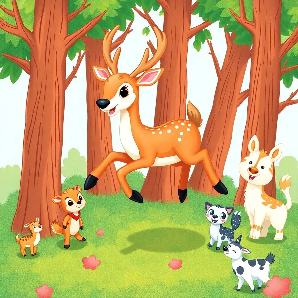 A playful scene with the beautiful deer jumping around trees, surrounded by friends, cheerful animal characters, colorful illustration, child-friendly, high energy