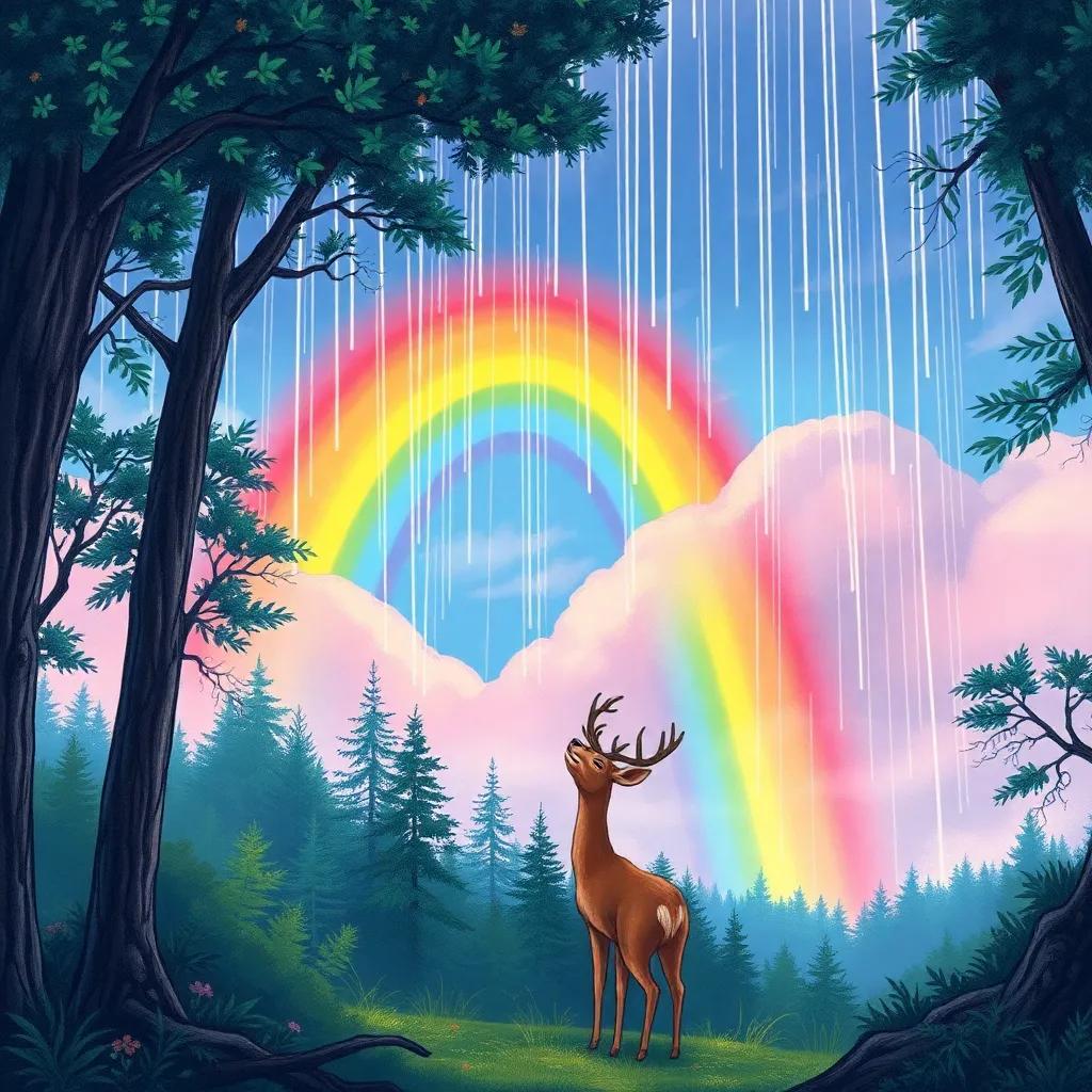 A bright, beautiful rainbow in the sky after rain, seen from the forest, with the deer looking up in wonder, vibrant colors, appealing fantasy scene, detailed