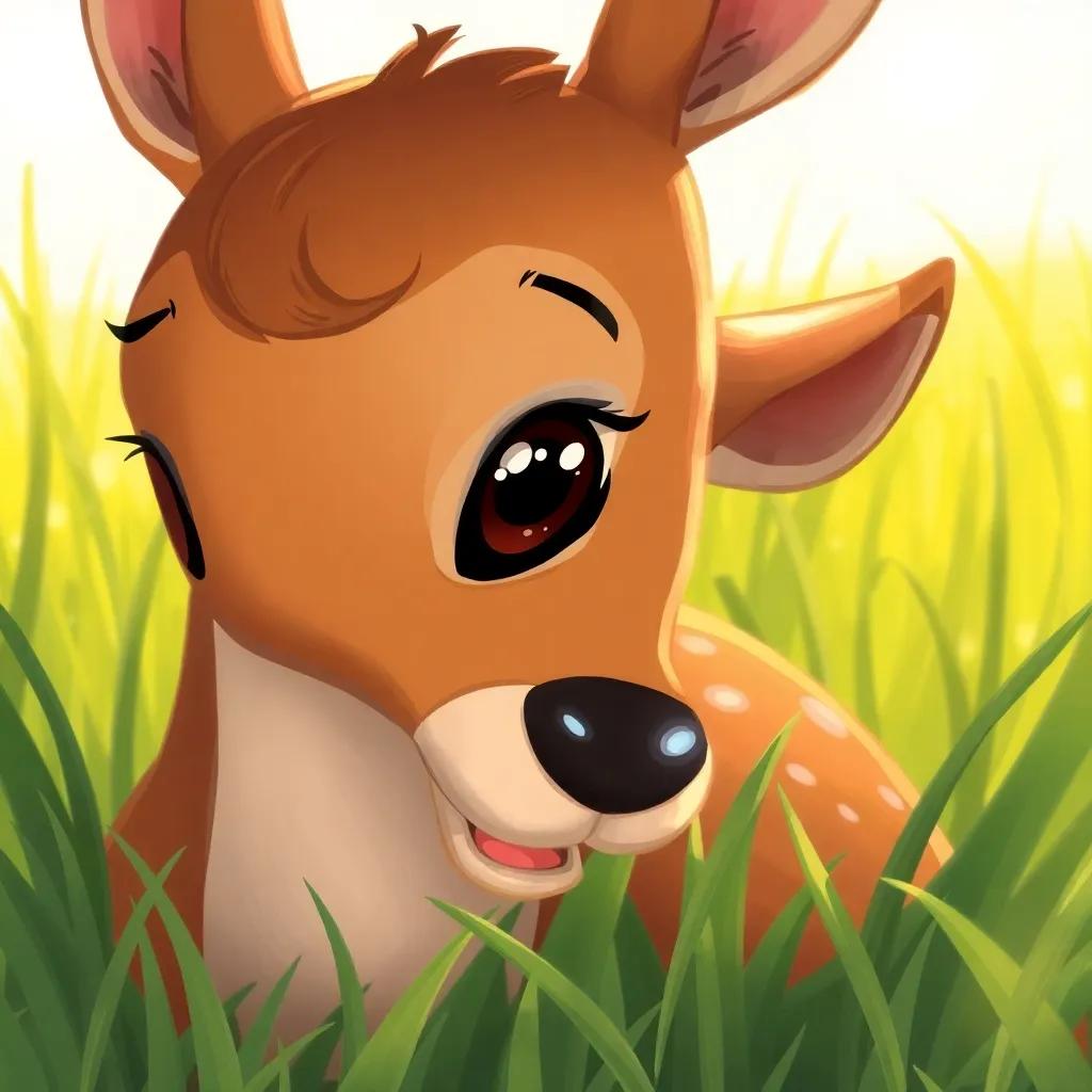 A close-up of the beautiful deer slipping and falling with a worried expression, surrounded by lush green grass, emotional and expressive, warm light
