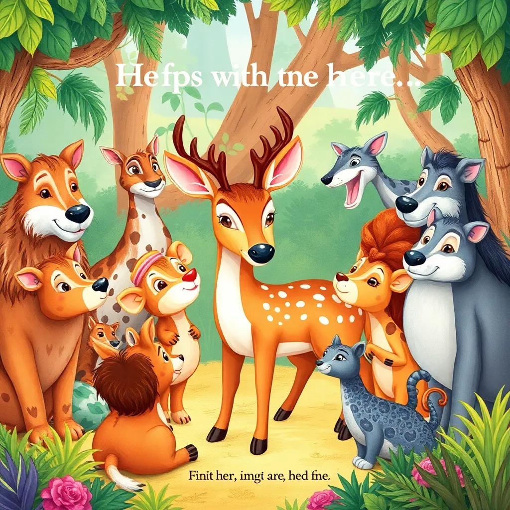 A group of friendly animals gathering around the deer to help her, expressing kindness and friendship, colorful jungle scenery, heartwarming scene