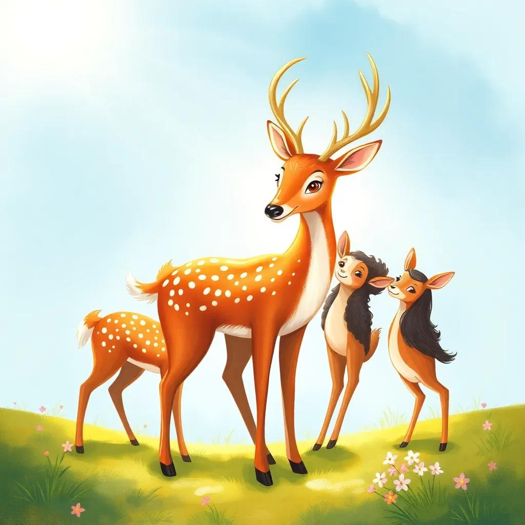 The beautiful deer standing tall again, with her friends surrounding her, sharing encouragement, bright light shines around them, uplifting atmosphere