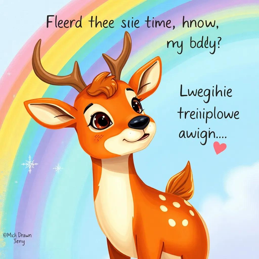 The deer looking determined to see the rainbow again, heart set on adventure, vivid colors, inspirational, high quality