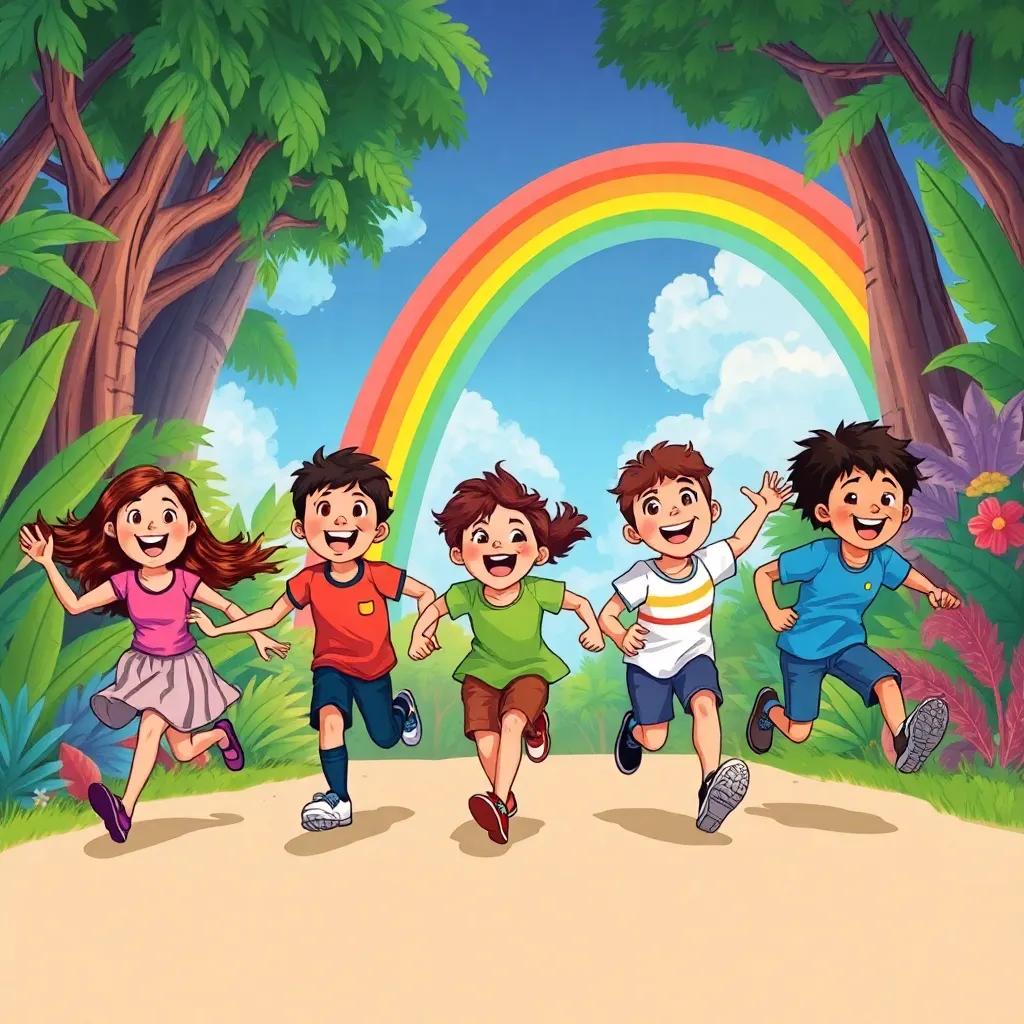 The group of friends running excitedly towards the rainbow, vibrant jungle in the background, joyful atmosphere, dynamic perspective