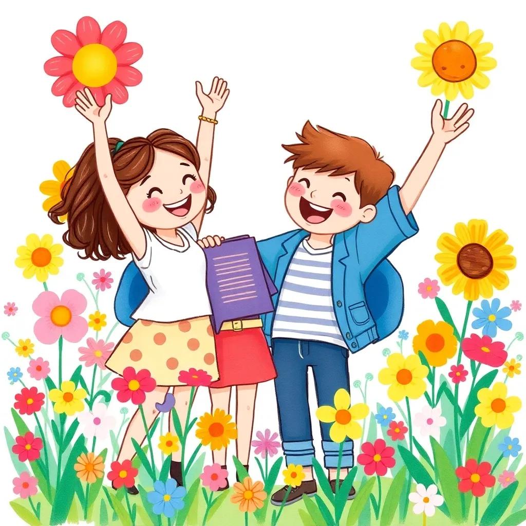 The friends celebrating their achievement together, surrounded by colorful flowers and a clear sky, heartwarming and joyful, vibrant imagery