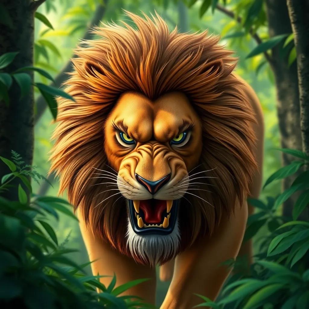 A fierce lion with a majestic mane, prowling angrily through a dense green forest, looking intimidating, digital art, vibrant colors, focused expression, high quality