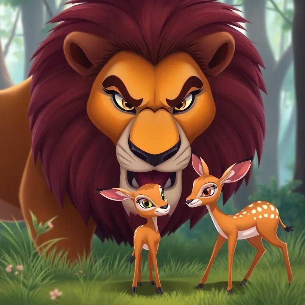 A wise gazelle, gently approaching the angry lion, with a calm and friendly expression, bright-eyed, in a clean forest background, illustration, soft colors, peaceful vibe, high quality