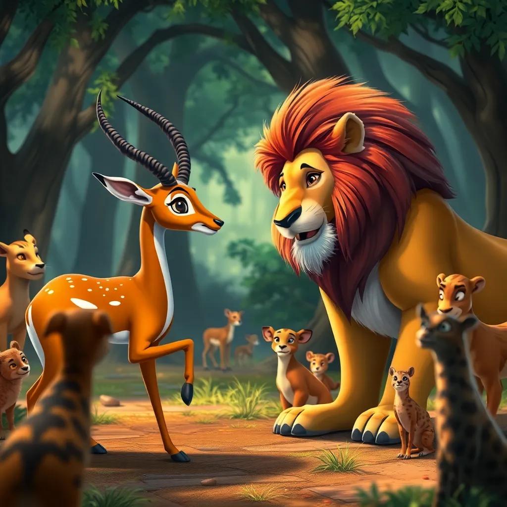 The gazelle talking to the lion, gesturing with its hooves, surrounded by forest animals watching curiously, detailed digital art, warm colors, interactive scene, high quality