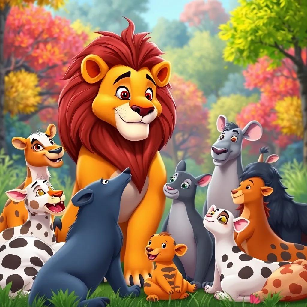 Animals gathering around the lion, showing trust and friendship, with the lion standing tall but gentle, colorful forest in the background, digital painting, cheerful, harmonious scene, high quality