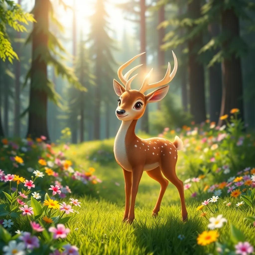 A magical deer with a shining horn, standing in a lush green forest surrounded by colorful flowers and tall trees, bright sunlight shining through the leaves, engaging atmosphere, digital art, vibrant colors, child-friendly