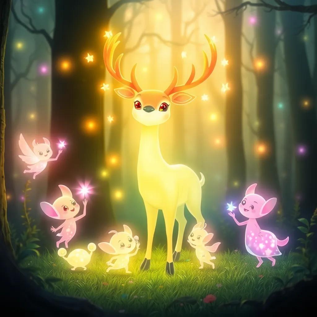 A group of glowing forest spirits appearing around the magical deer, each spirit sparkling with colorful light, in a mystical forest setting with a soft, enchanting glow, illustration, magical theme, cheerful