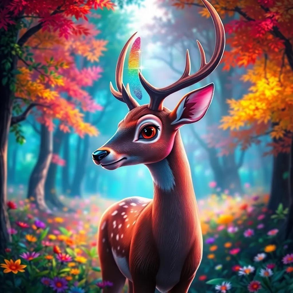 A beautiful deer, Zaid, with a sparkling rainbow horn, in a dense, vibrant forest with colorful trees and flowers, digital art, bright colors, magical atmosphere, high quality