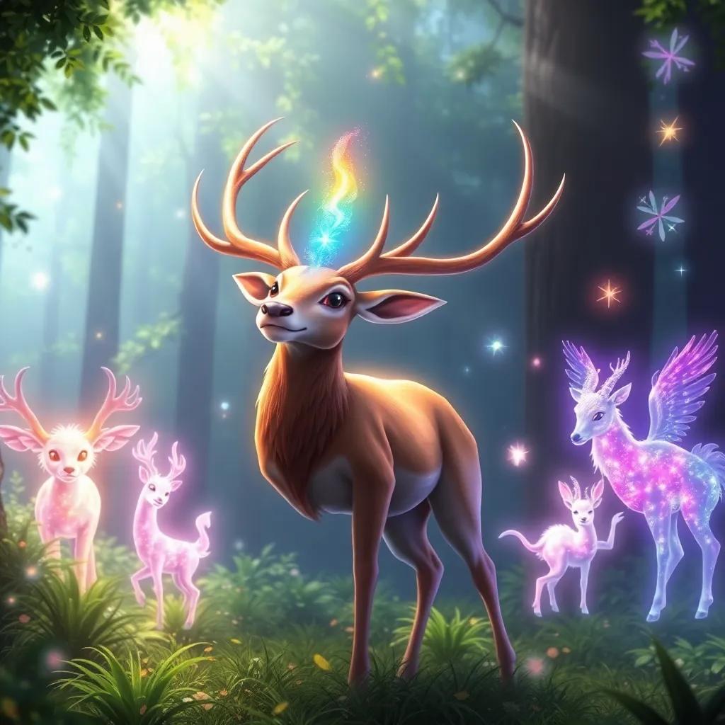 A majestic deer, Zaid, with a sparkling rainbow horn, calling upon forest spirits, surrounded by shimmering ethereal spirits in various forms, with lush greenery, bright light, enchanting vibe, high quality
