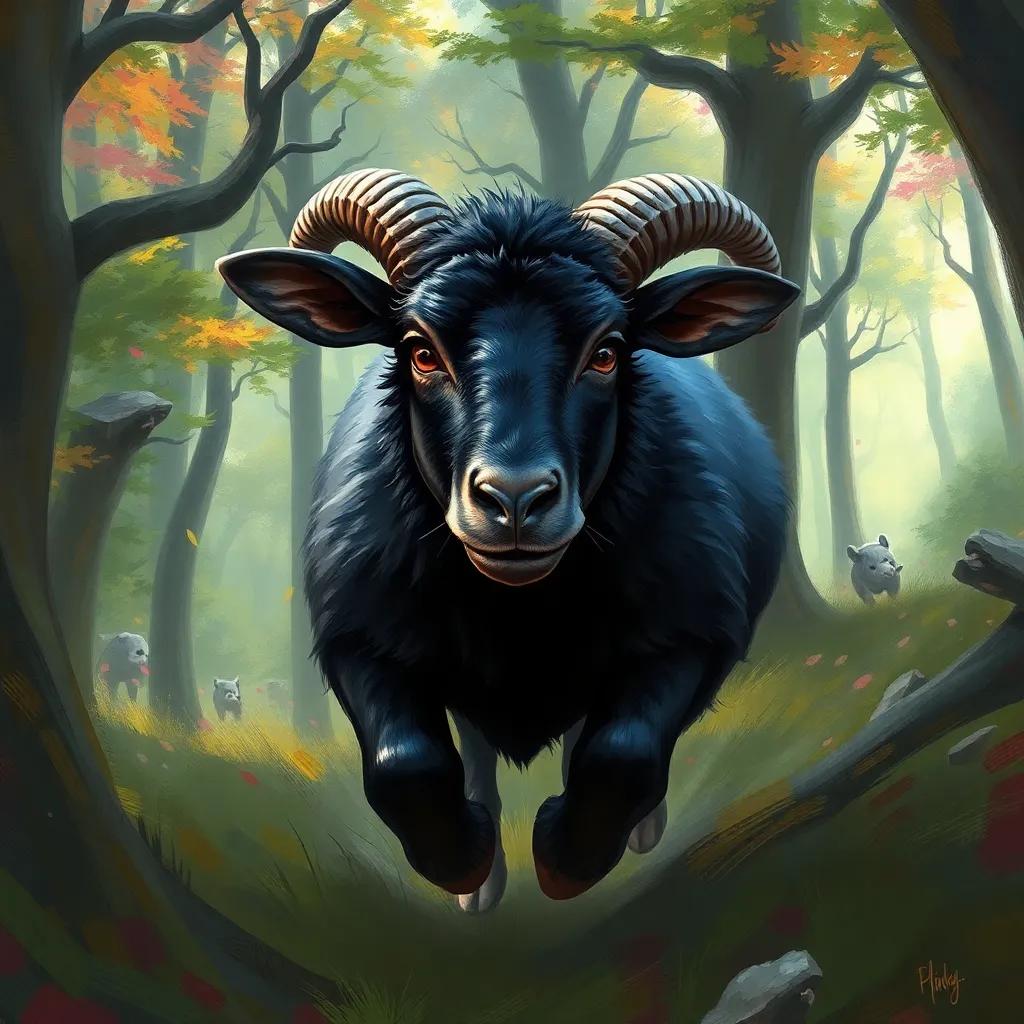 A brave black sheep, rushing through a forest with determination, her wool shiny and soft, a look of courage in her eyes, standing against a backdrop of a magical forest, digital art, dynamic, uplifting mood, vivid colors