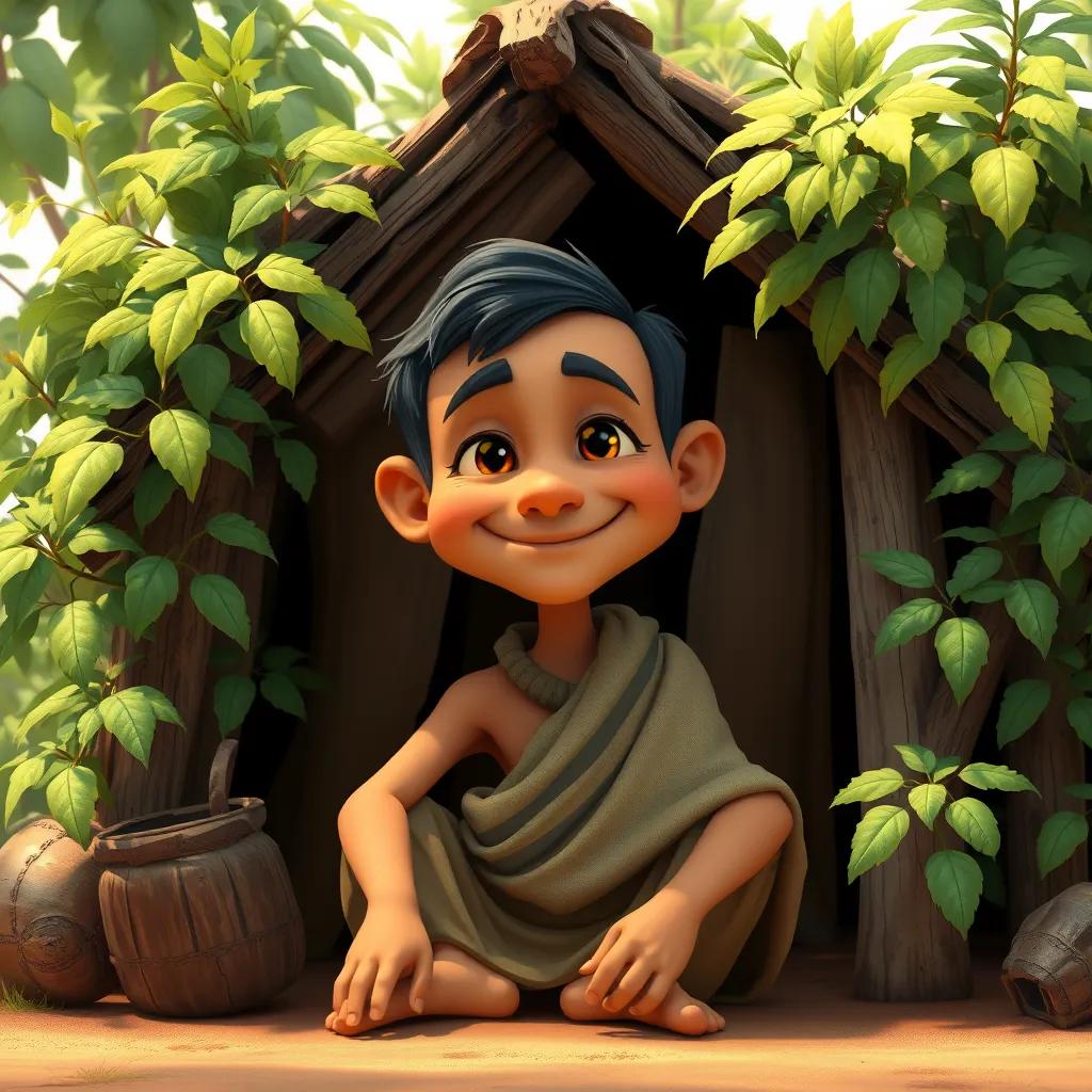 A poor man, wearing simple clothes, sitting outside a small wooden hut surrounded by greenery, with a gentle smile, digital illustration, warm colors, inviting and friendly perspective, child-friendly