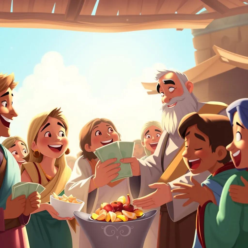 A scene of charity, the rich man giving money and food to people in need, joyful expressions on everyone's faces, bright sunlight, lively atmosphere, digital painting, heartwarming