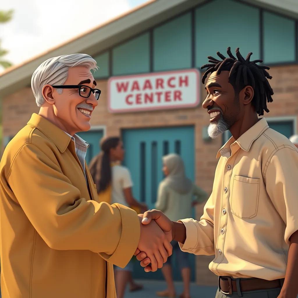 The rich and poor men shaking hands, both smiling, in front of a community center where they work together, warm colors, positive vibes, friendly atmosphere, high quality