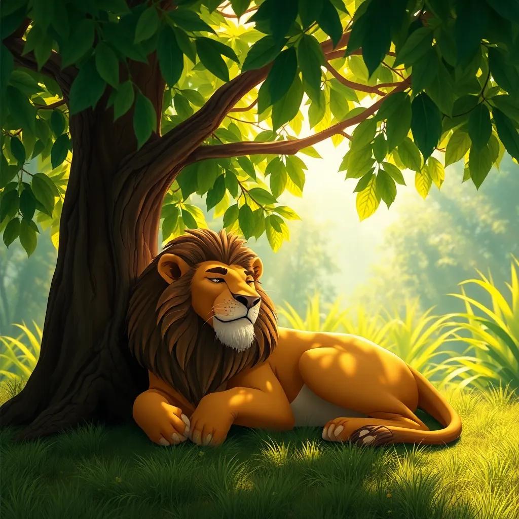 A majestic lion, asleep under a shady tree in a lush green jungle, with sunlight filtering through the leaves, digital art, warm tones, peaceful atmosphere, high quality.