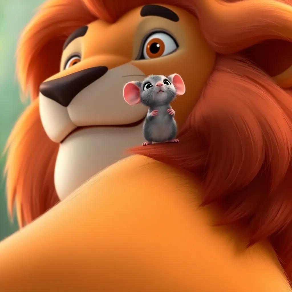 A small mouse, frightened but brave, standing on top of the lion's back, looking up at the lion, animated style, vibrant colors, friendly environment, high quality.